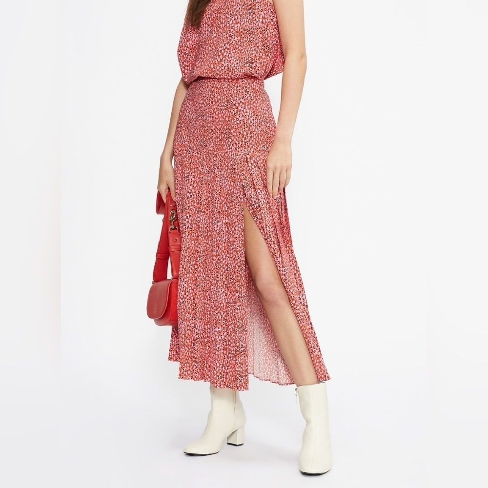 Ted Baker Flowy Pleated Midi Skirt Pink Red Confetti Print Size S NWOT